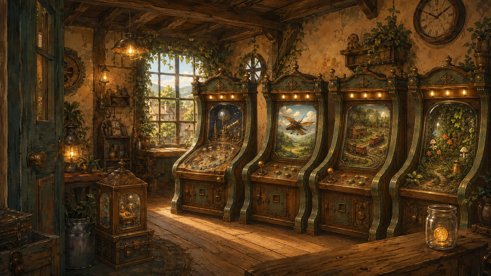 A hand-painted wooden arcade with an observatory pinball table, mail-glider cabinet, miniature railway, and living moss garden.