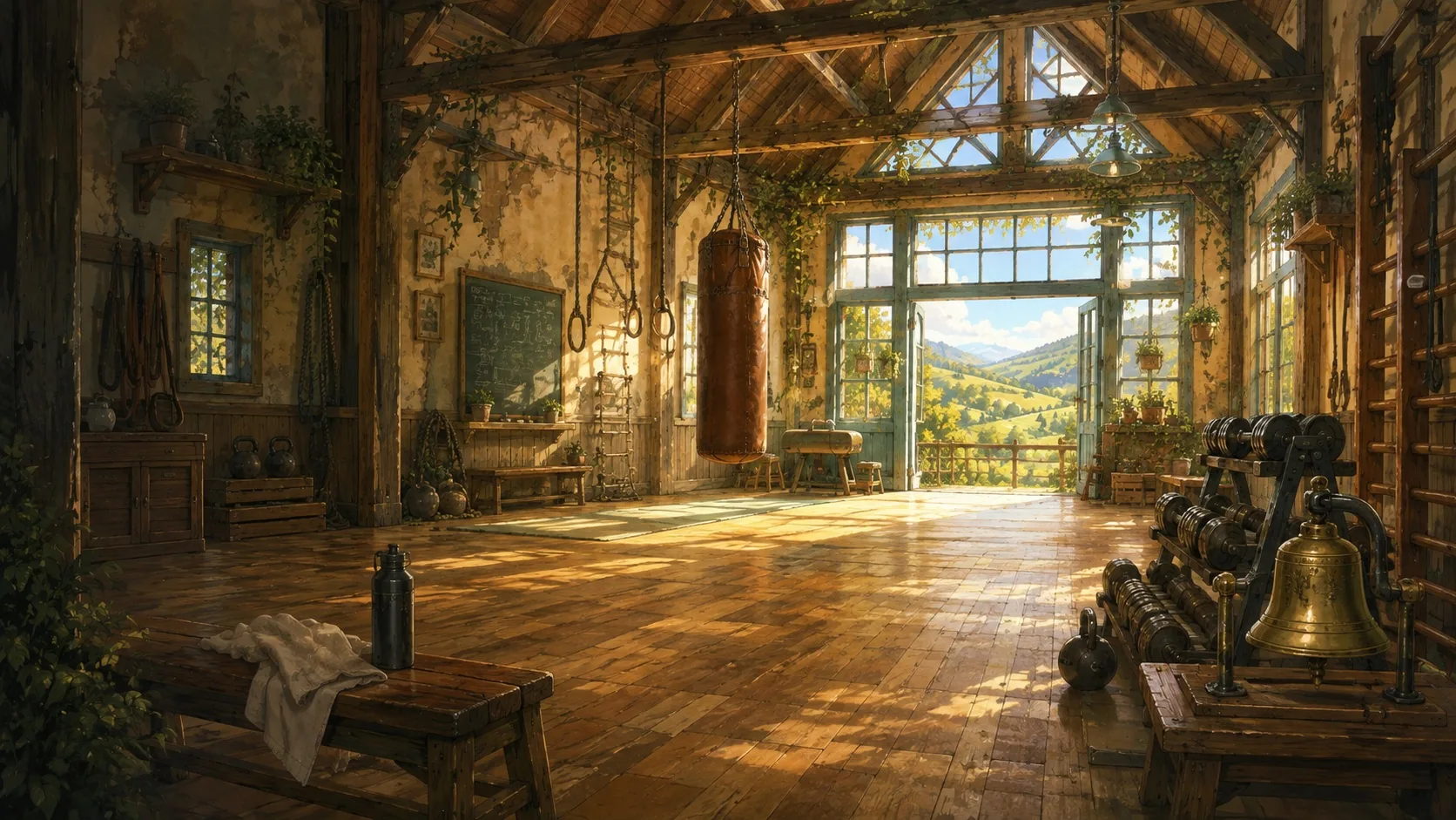 A sunlit timber gym with weights, gymnastics rings, a punching bag, and a brass training bell.