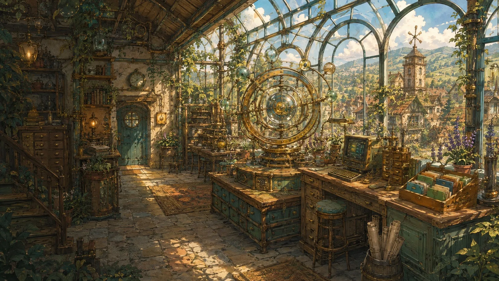 A glass greenhouse laboratory filled with brass inventions, plants, a small computer, and organized drawers.