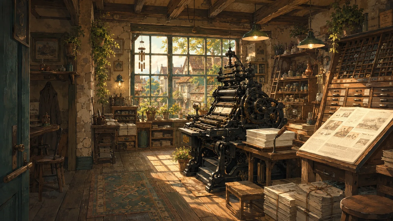 An inviting print shop with a cast-iron letterpress, fresh papers, wooden type drawers, and a reading desk.