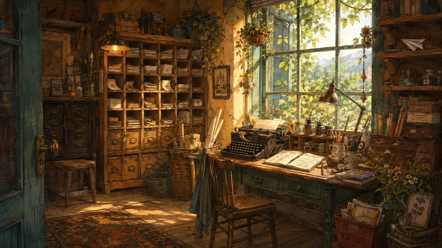 A cozy stationery shop with paper-filled pigeonholes, a typewriter, notebooks, and a sunlit writing desk.