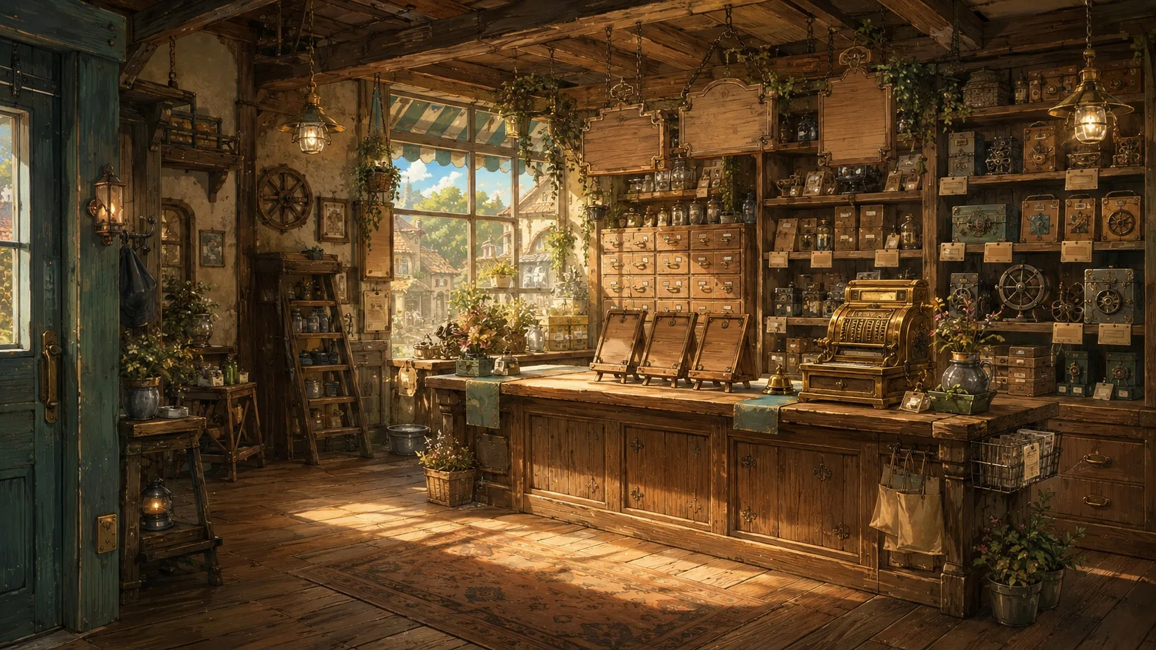 A welcoming general store with wooden name plaques, curious boxed inventions, a brass till, and a service bell.