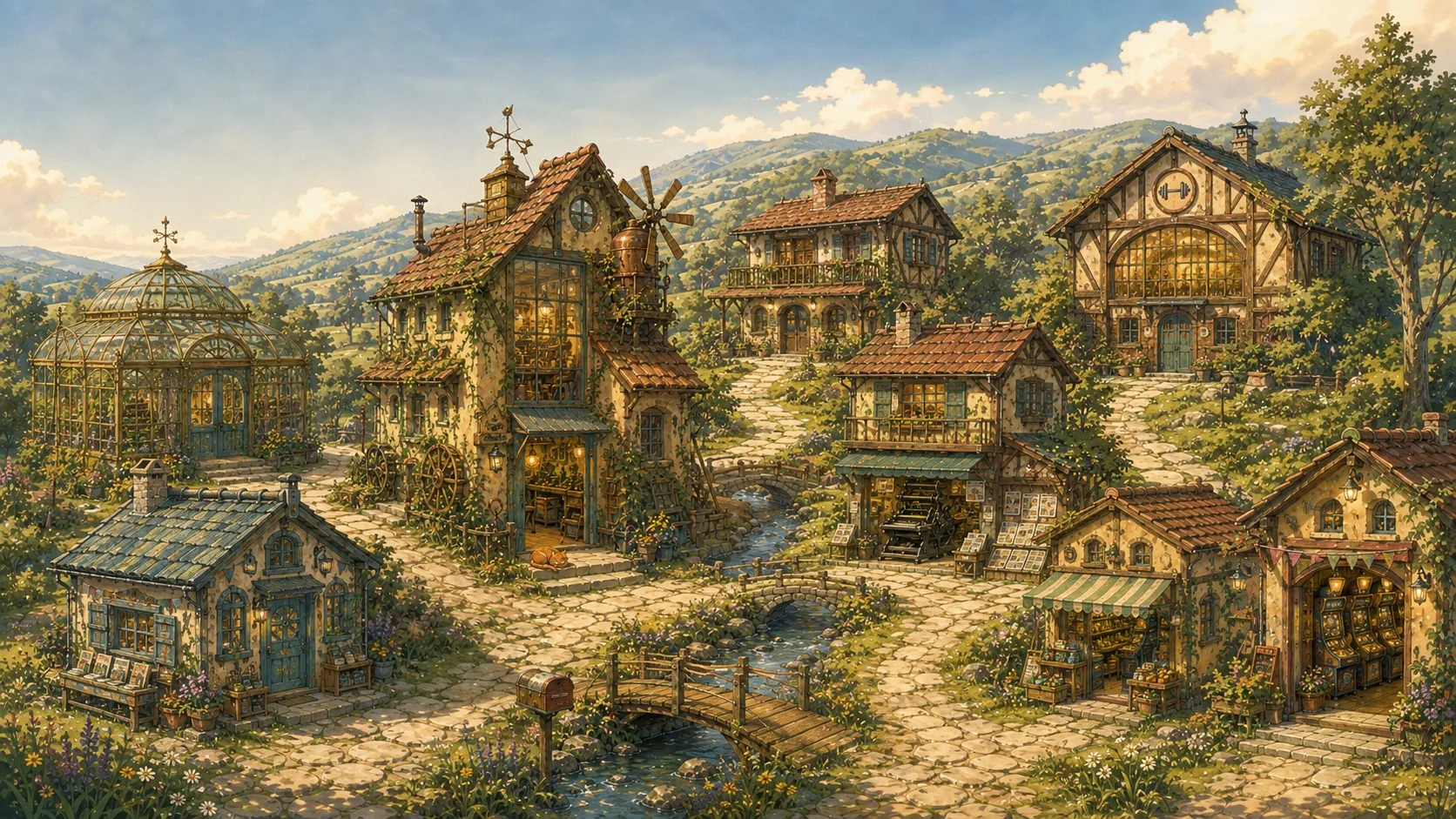 A hand-painted village of workshops, a greenhouse, a gym, and little shops linked by paths and a stream.