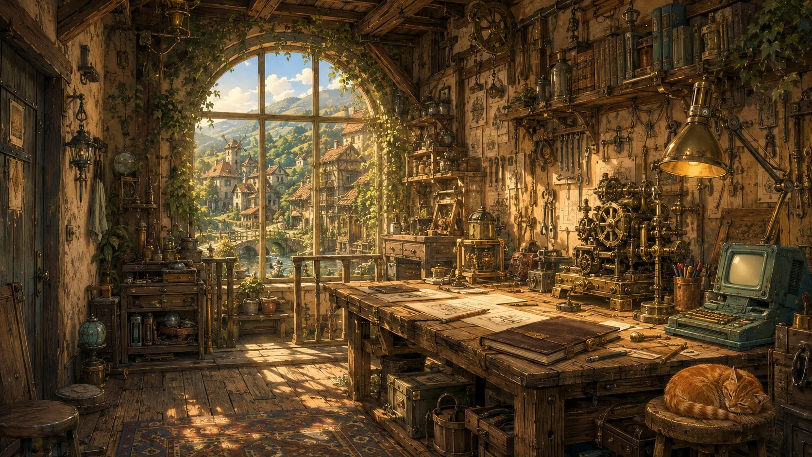 A warm inventor's workshop with a sunlit arched window, brass machines, a notebook, and a sleeping orange cat.